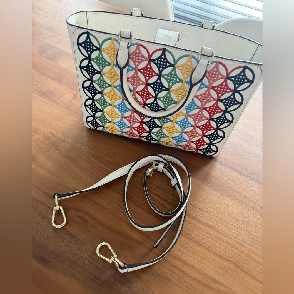 Multicolor Embroidery Patterned Purse with Shoulder Strap. White satin lining.